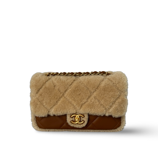 Chanel Classic Shearling Medium 24K Single Flap - GHW / Brown