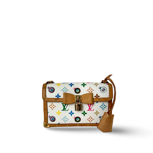 Louis Vuitton 村上隆 Eye Miss You 聯名款皮革翻蓋肩背包 - 彩色老花 / 白底
