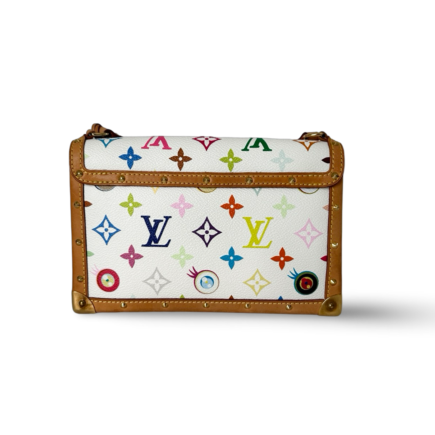 Louis Vuitton 村上隆 Eye Miss You 聯名款皮革翻蓋肩背包 - 彩色老花 / 白底