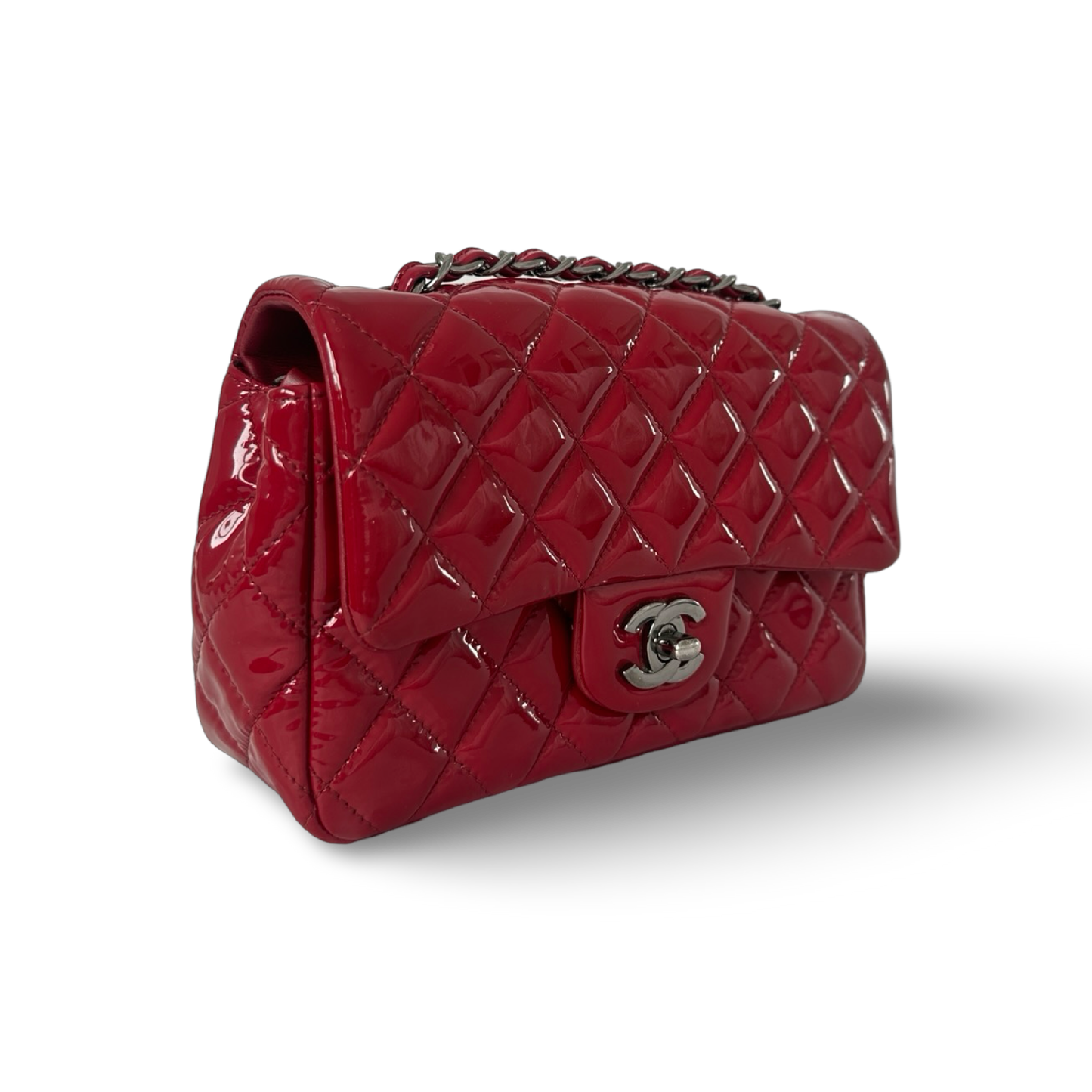 Chanel Classic Patent Rectangular Mini Single Flap - SHW / Red