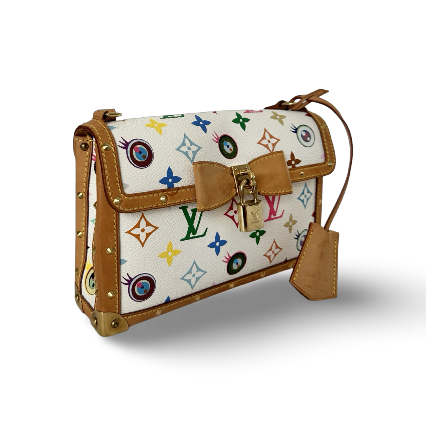 Louis Vuitton 村上隆 Eye Miss You 聯名款皮革翻蓋肩背包 - 彩色老花 / 白底
