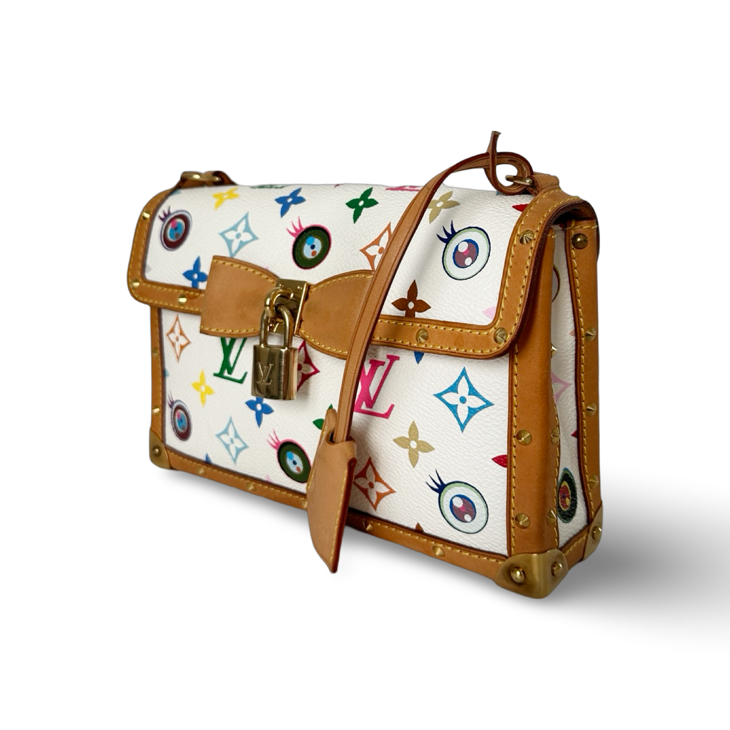 Louis Vuitton 村上隆 Eye Miss You 聯名款皮革翻蓋肩背包 - 彩色老花 / 白底