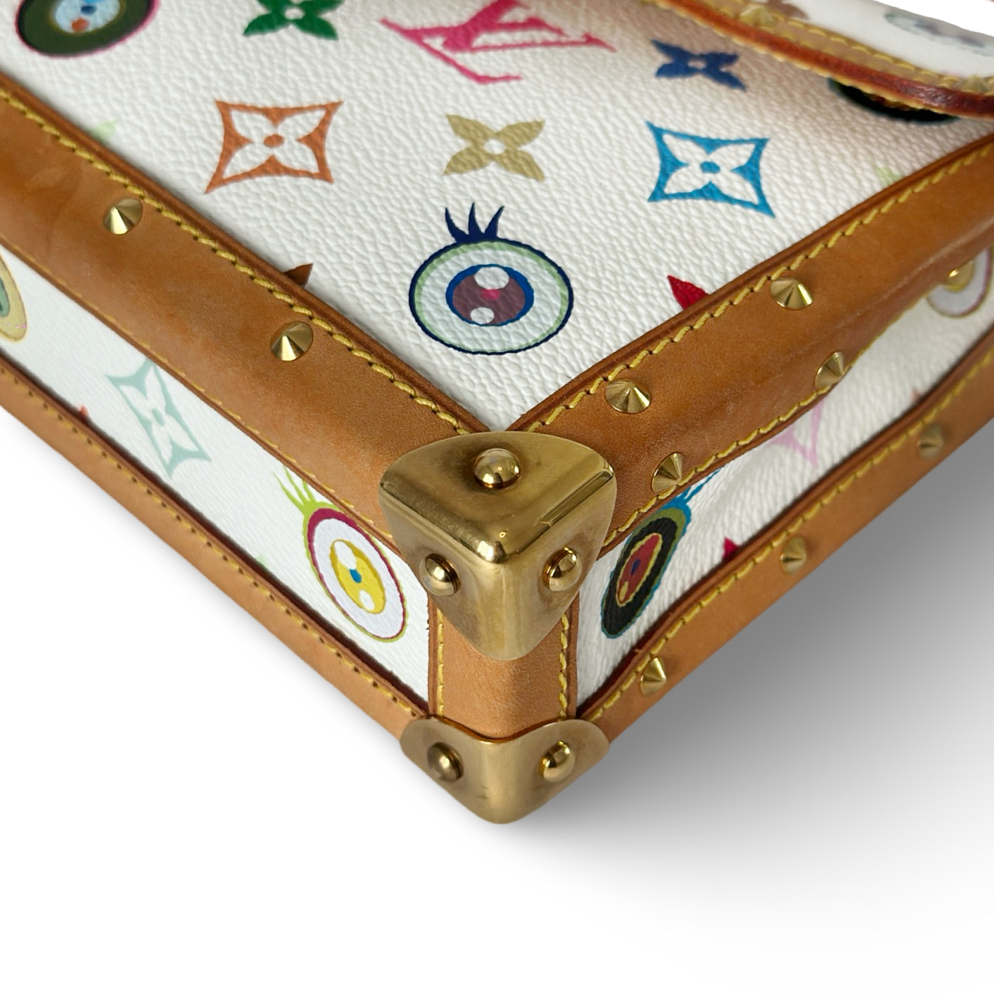 Louis Vuitton 村上隆 Eye Miss You 聯名款皮革翻蓋肩背包 - 彩色老花 / 白底