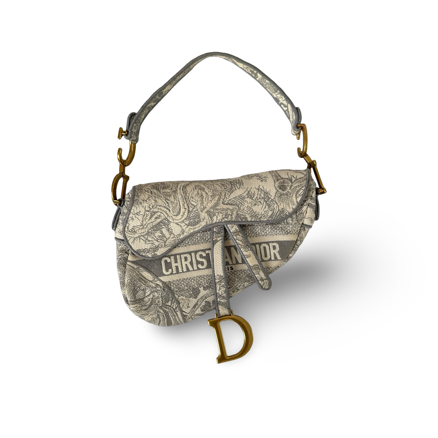 Dior Canvas Logo Embroidered Medium Saddle Handbag - GHW / Gray
