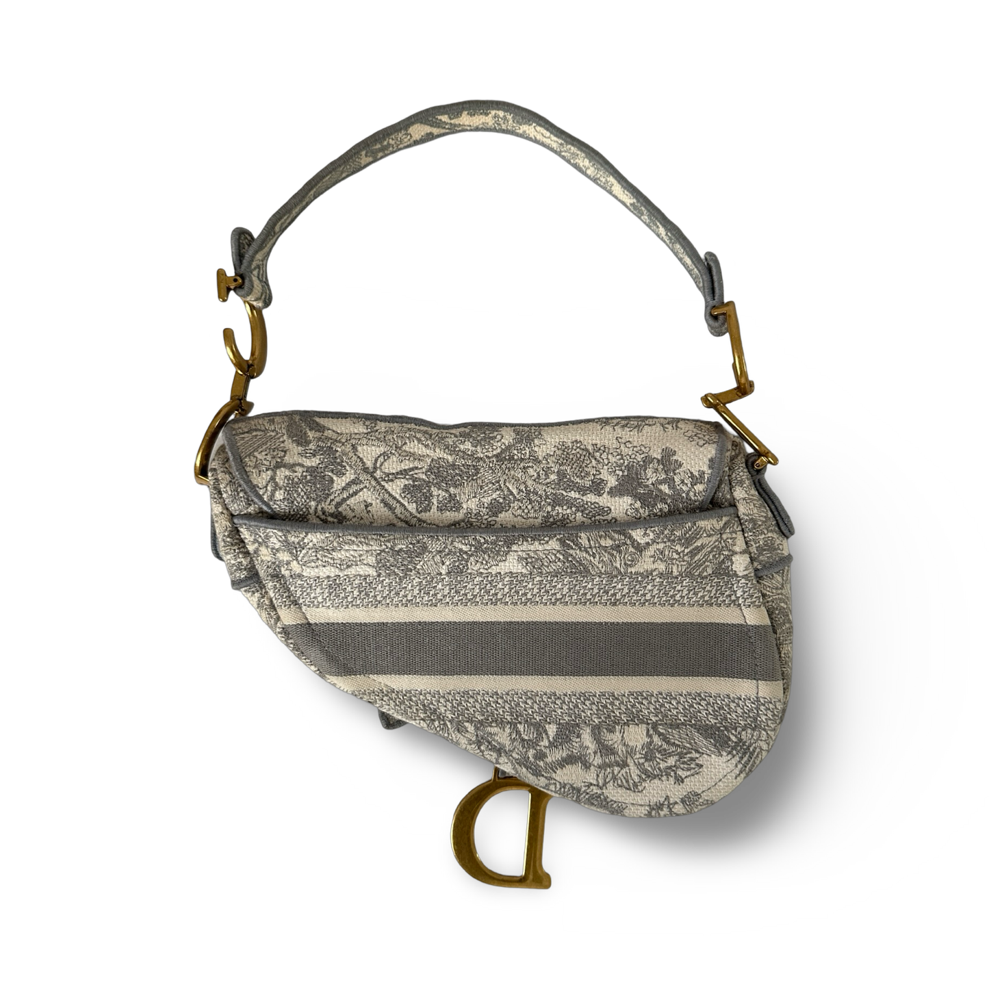 Dior Canvas Logo Embroidered Medium Saddle Handbag - GHW / Gray