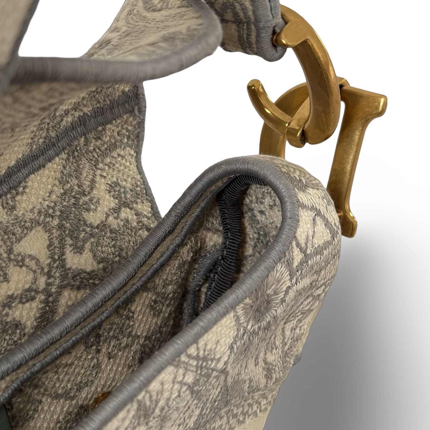 Dior Canvas Logo Embroidered Medium Saddle Handbag - GHW / Gray
