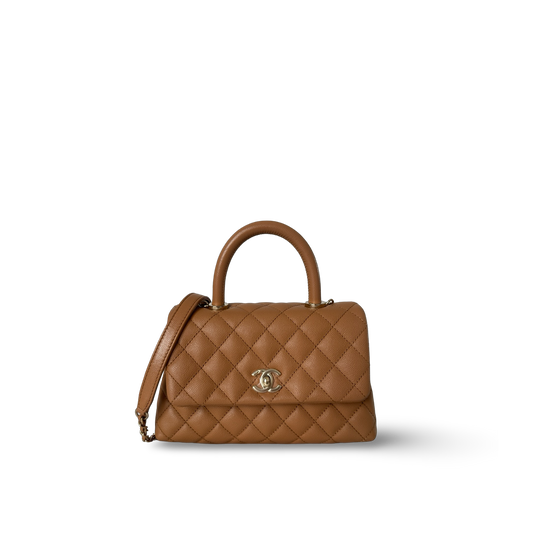 Chanel Small Coco Handle 經典菱格紋牛皮手提包 - 焦糖色 / 金釦