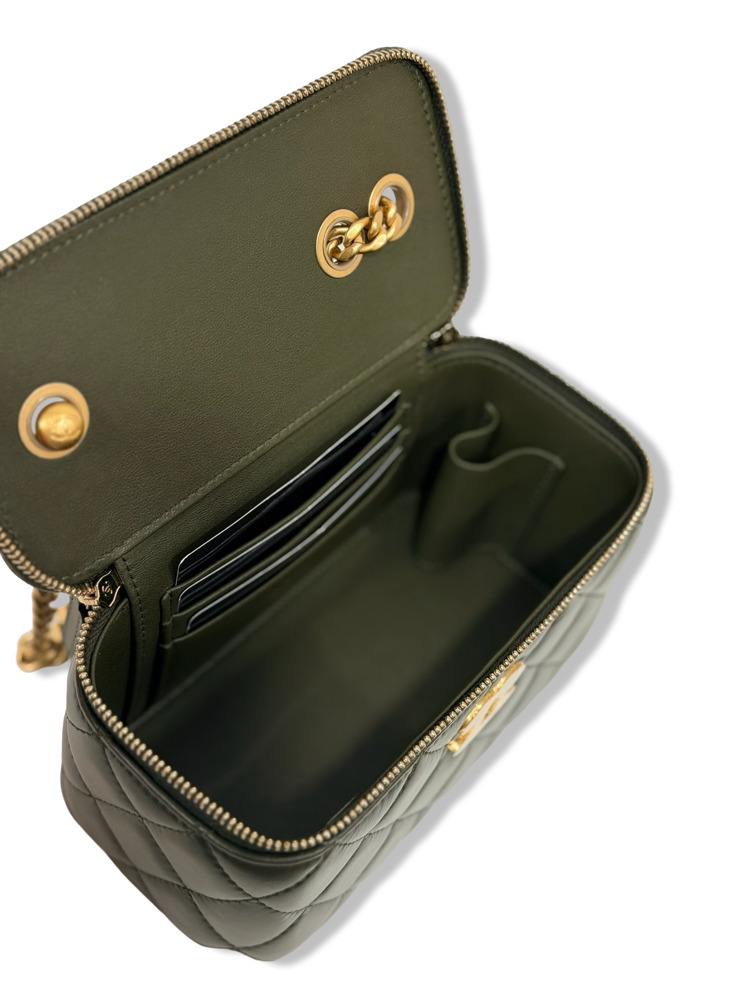 Chanel Quilted Lambskin Small Vanity Case - GHW / Olive Green