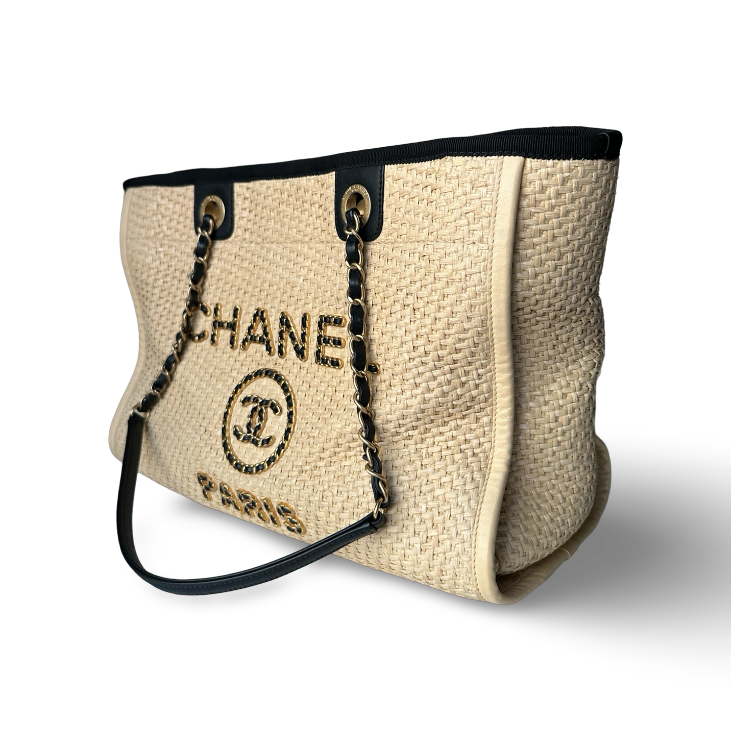 Chanel Straw Raffia Calfskin Chain Medium Deauville Tote - GHW / Beige