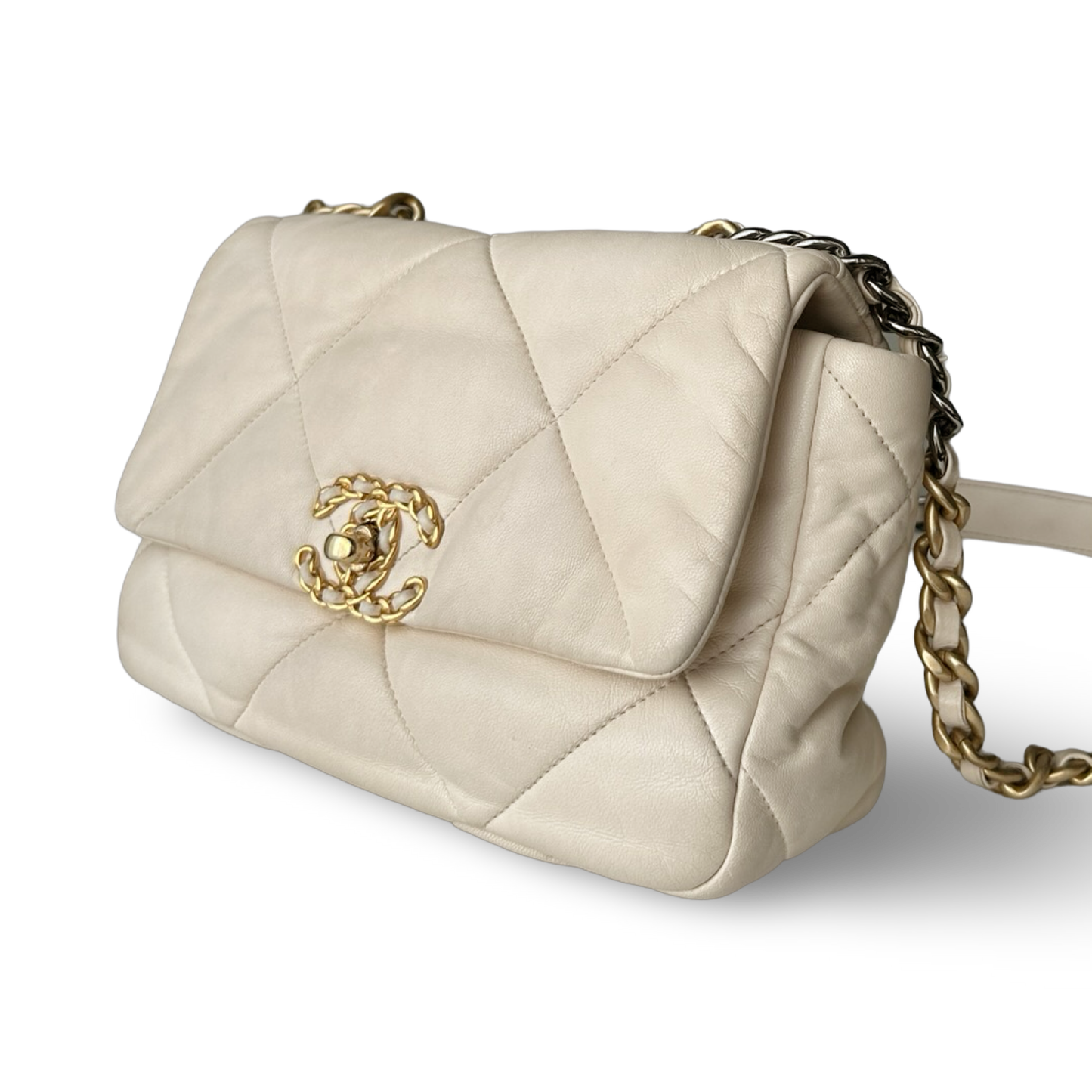 Chanel Goatskin Quilted Medium 19 Flap Bag - GHW / Beige