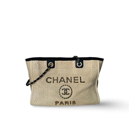 Chanel Straw Raffia Calfskin Chain Medium Deauville Tote - GHW / Beige