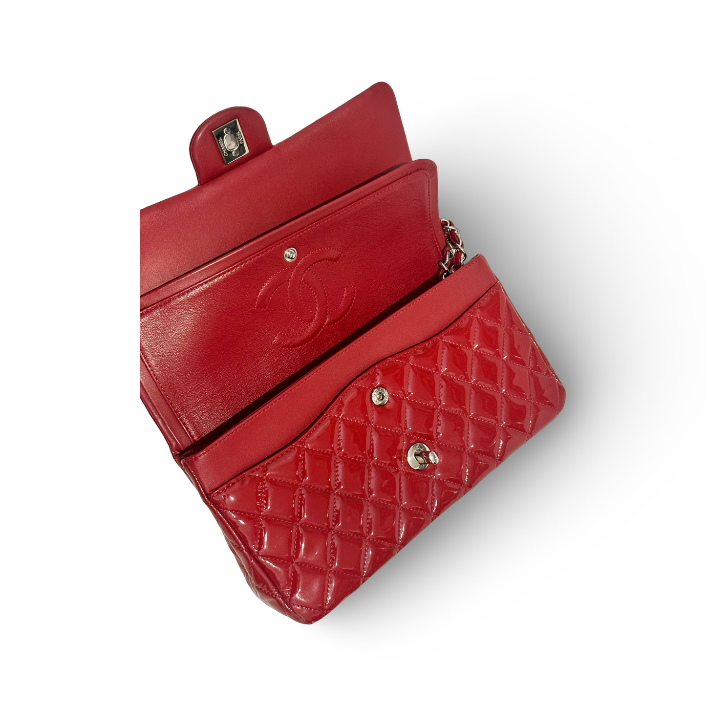 Chanel Classic Patent Medium Double Flap - SHW / Red