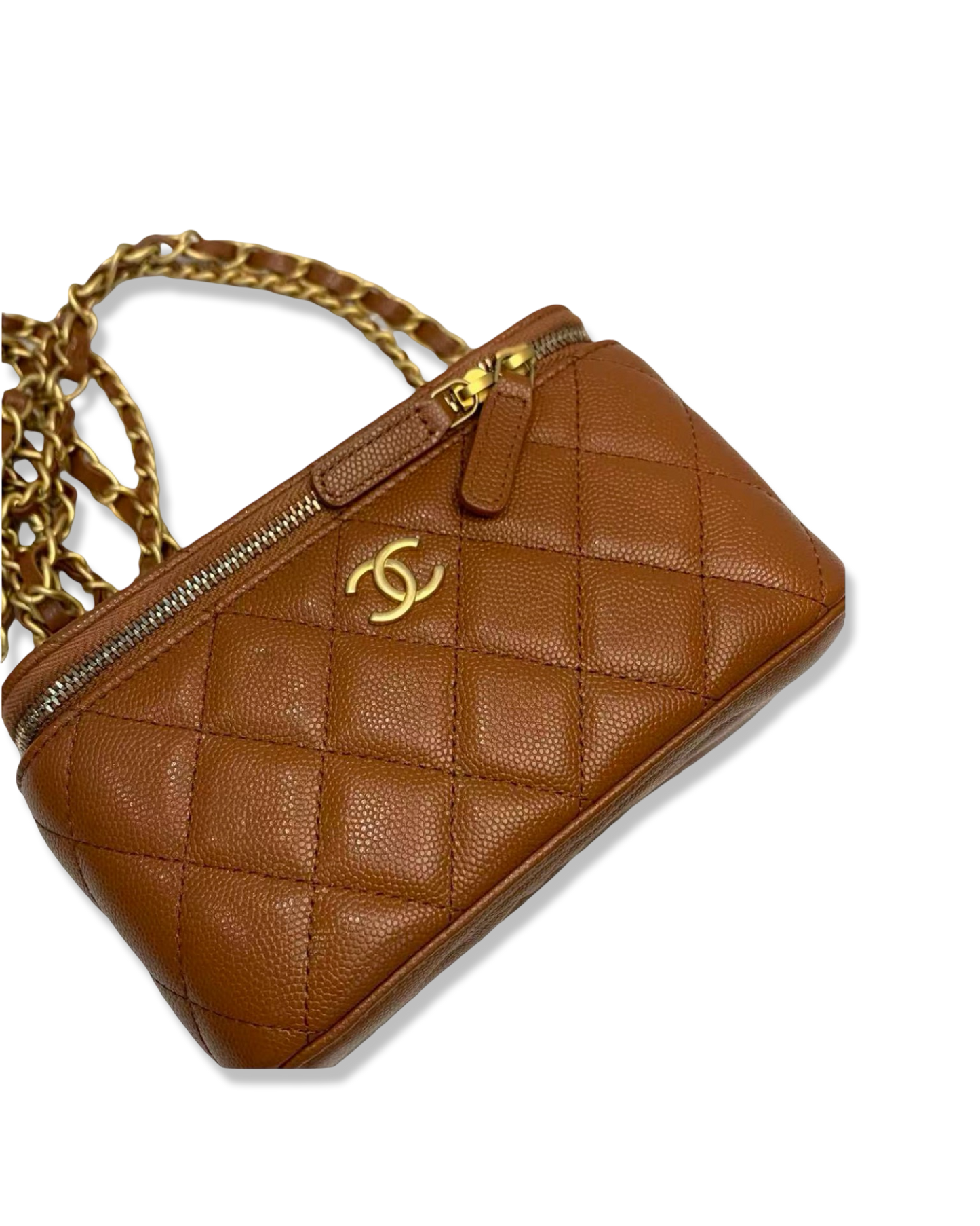Chanel Quilted Caviar Long Vanity Box - GHW / Caramel