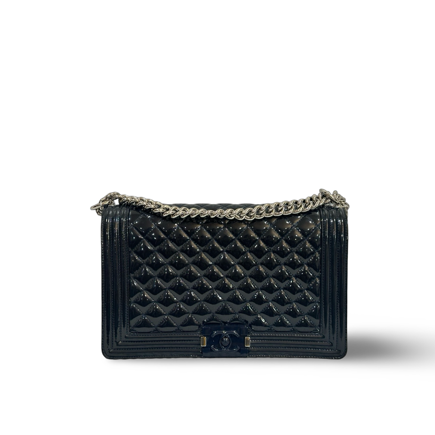Chanel Classic Patent New Medium Boy Bag Navy