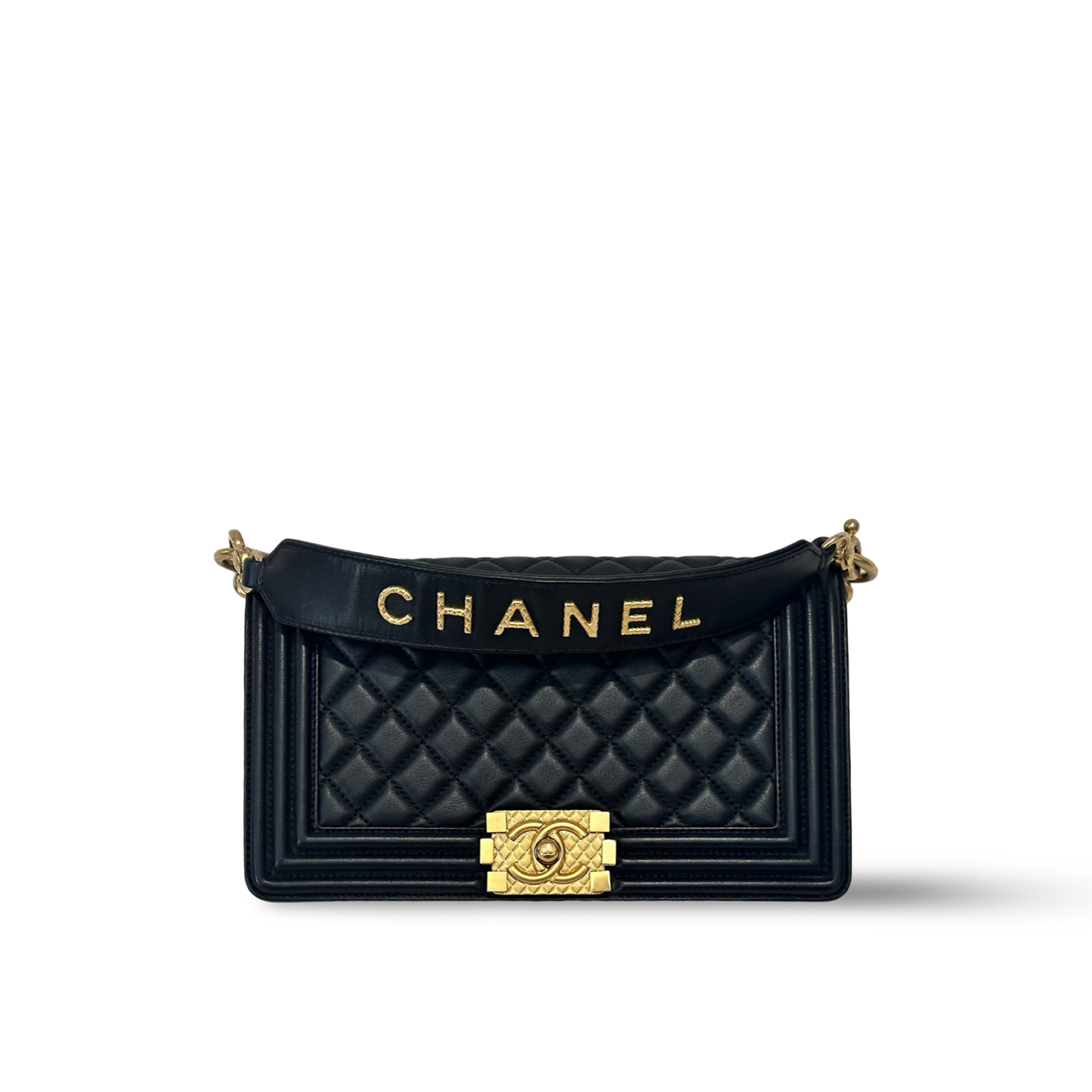 Chanel Lambskin Boy Medium Logo Top Handle - GHW / Black