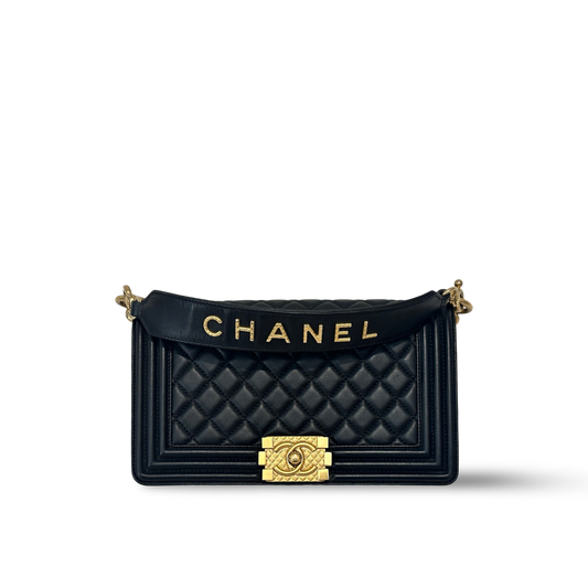 Chanel Lambskin Boy Medium Logo Top Handle - GHW / Black