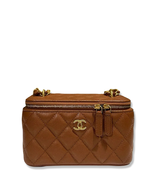 Chanel Quilted Caviar Long Vanity Box - GHW / Caramel