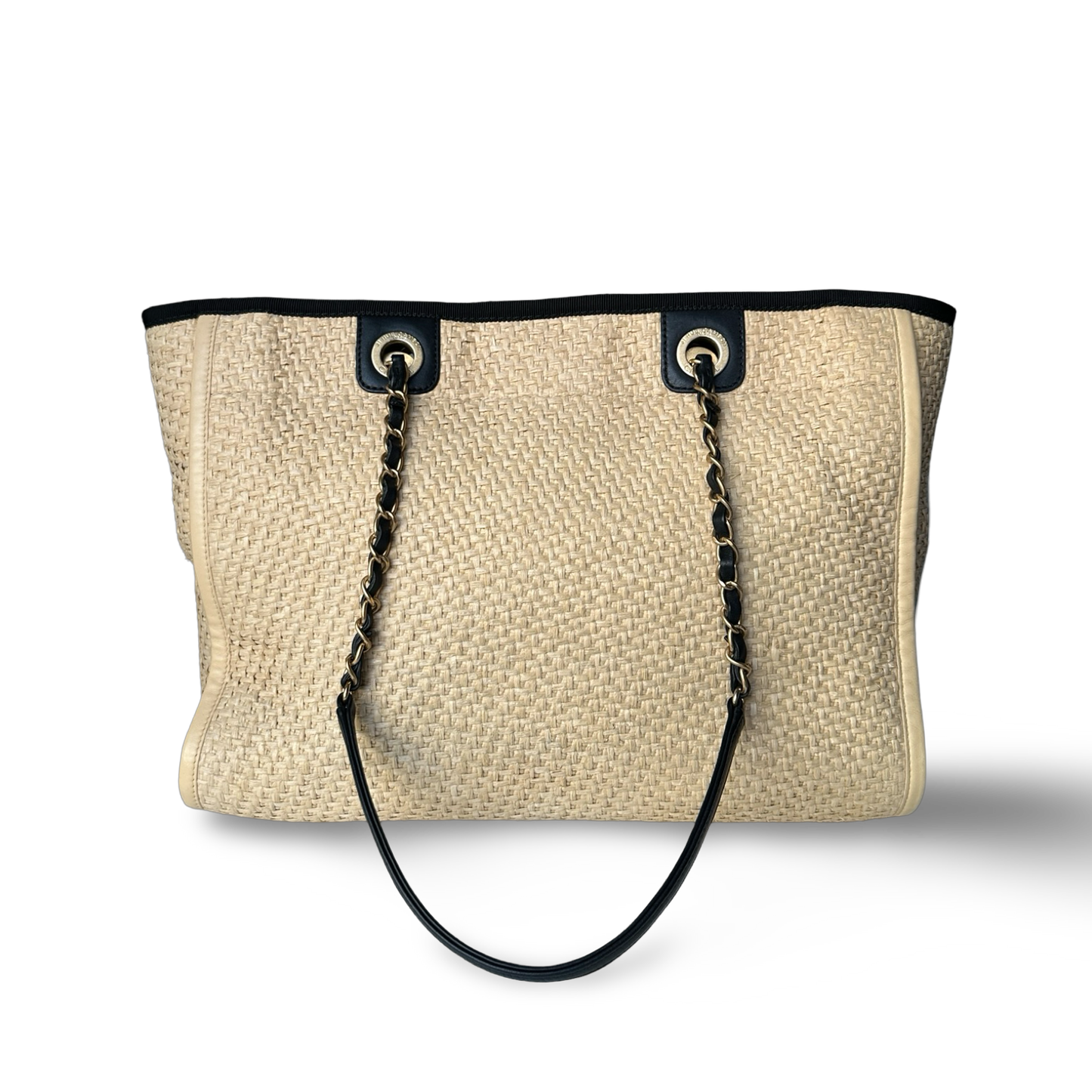 Chanel Straw Raffia Calfskin Chain Medium Deauville Tote - GHW / Beige