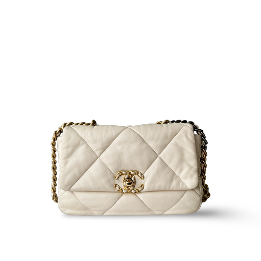 Chanel Goatskin Quilted Medium 19 Flap Bag - GHW / Beige