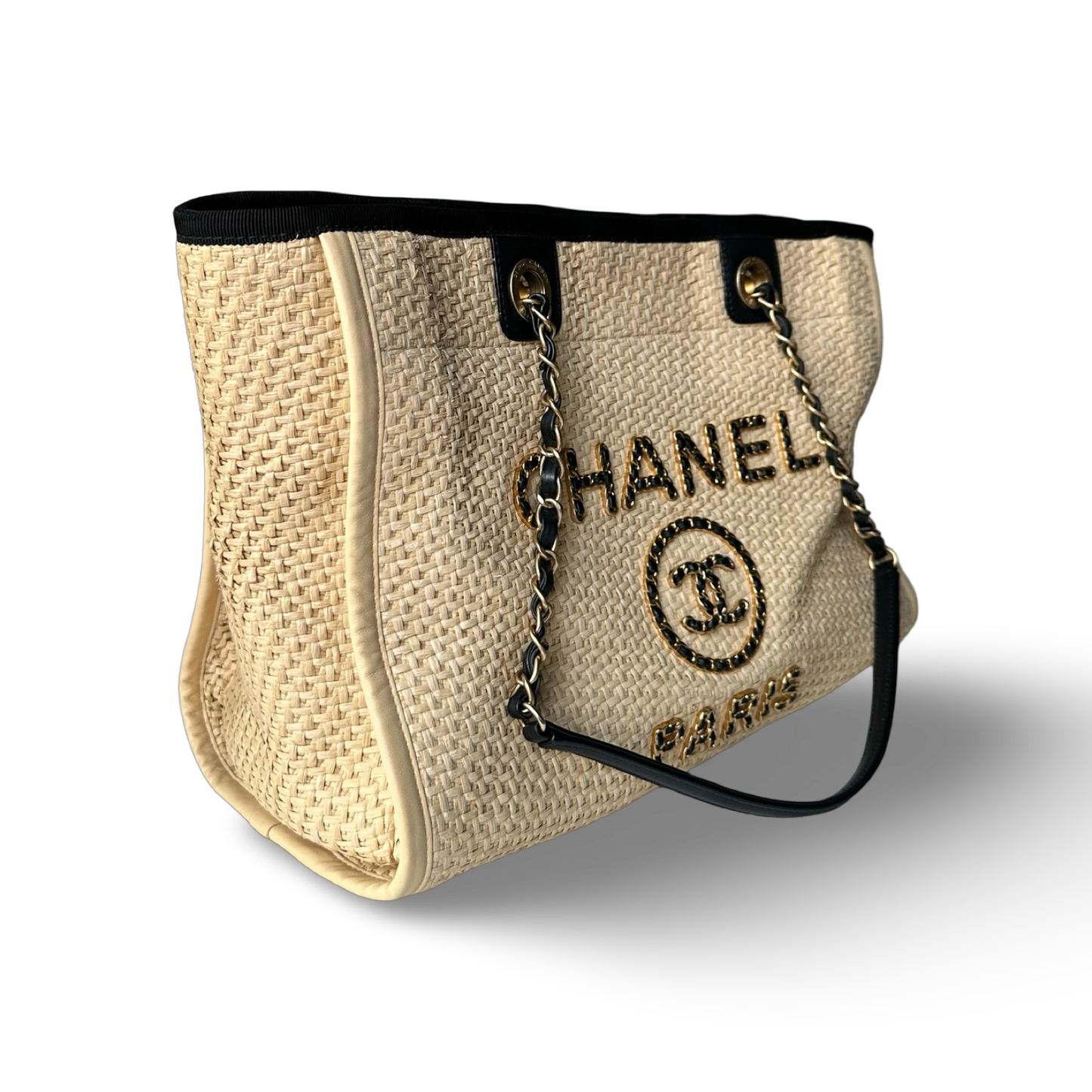 Chanel Straw Raffia Calfskin Chain Medium Deauville Tote - GHW / Beige